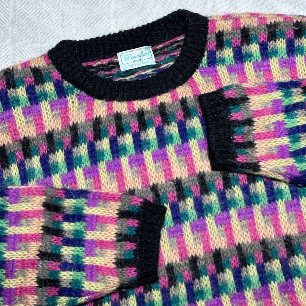 Vintage Benetton Sweater Mens 46 Mohair Wool Blend Knit Geometric Intarsia Italy